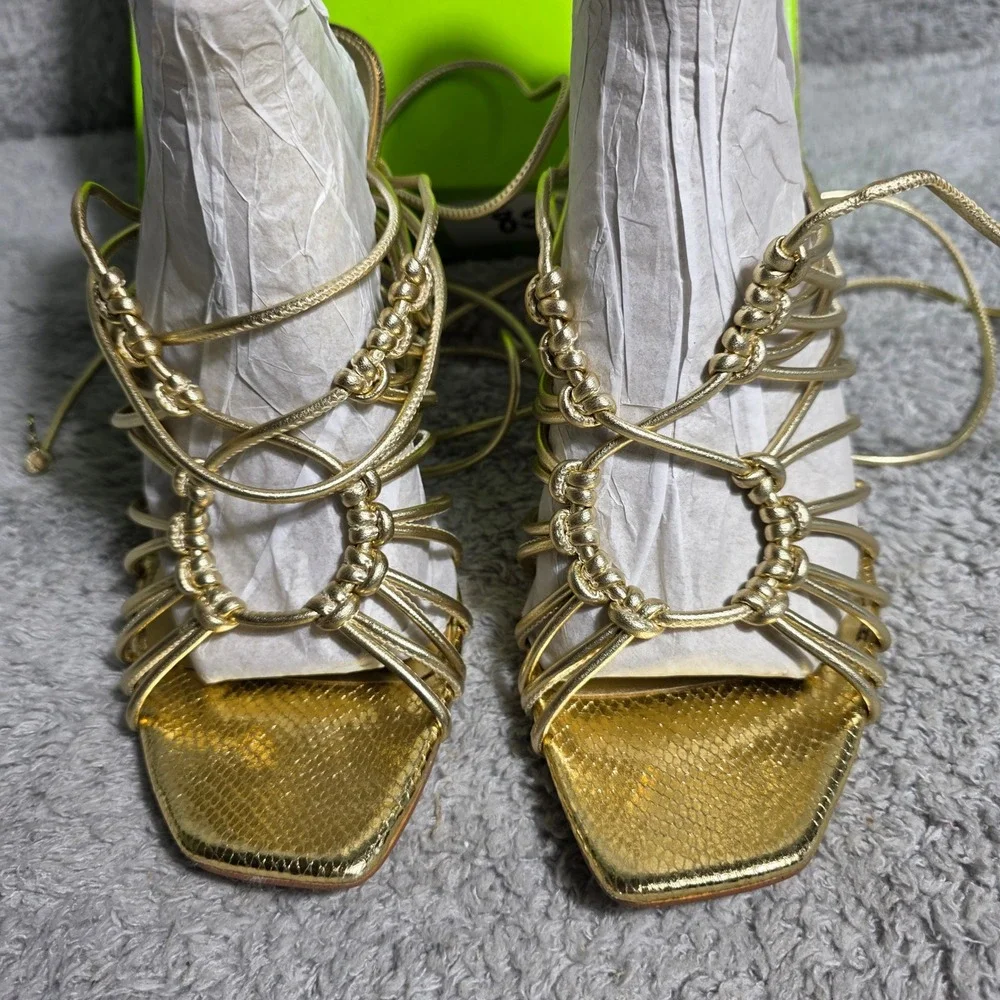 Sam Edelman Lylah Gold Metallic Strappy Lace‎ Up Stiletto Heels Sandals 10.5 NEW